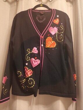 Bobbie BellBlack Cardigan Sweater Pink Red Sequined Beaded Heart Applique